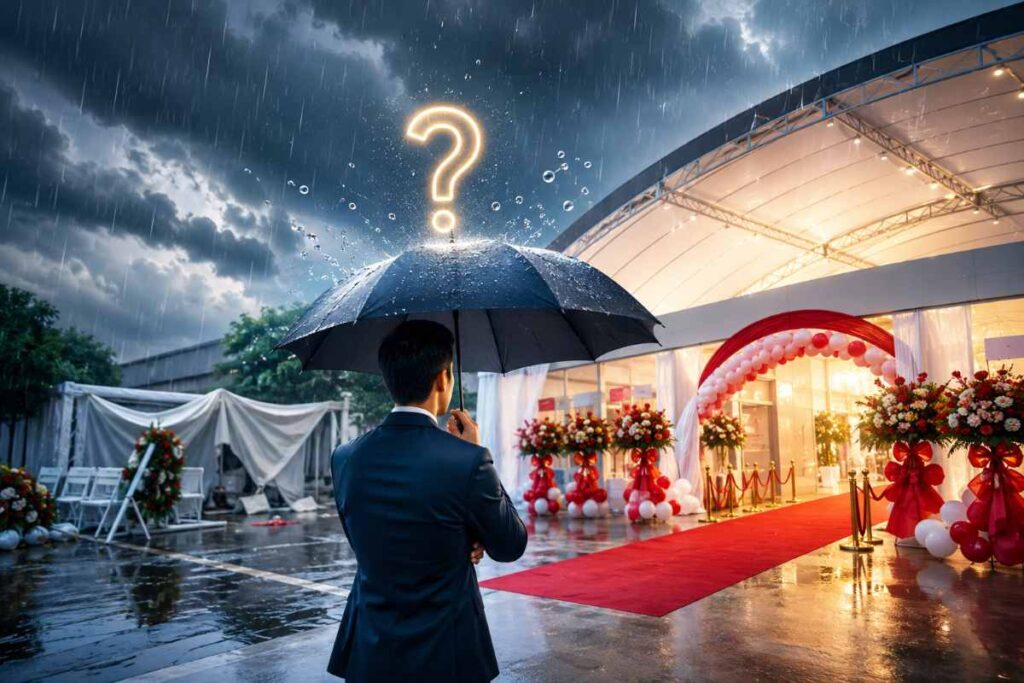 Tổ Chức Khai Trương Khi Trời Mưa Phải Làm Sao?