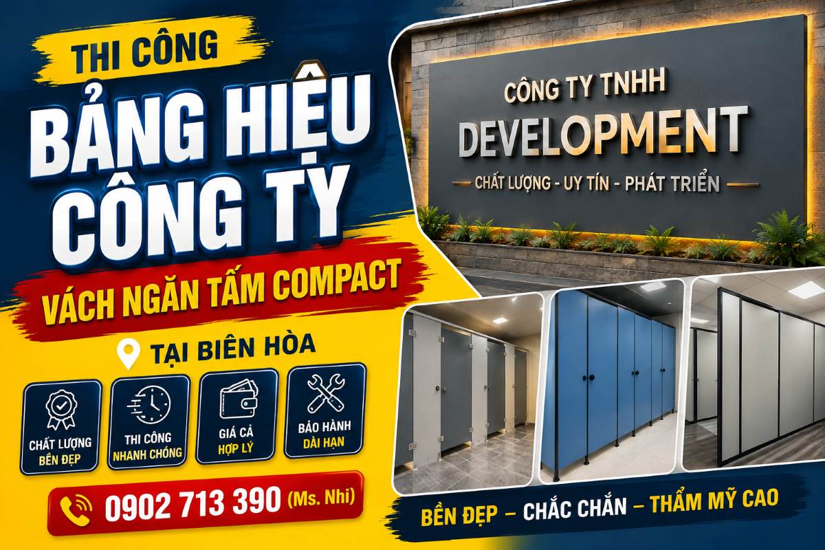 Thi công bảng hiệu công ty vách ngăn tấm compact tại Biên Hòa | Hmedia